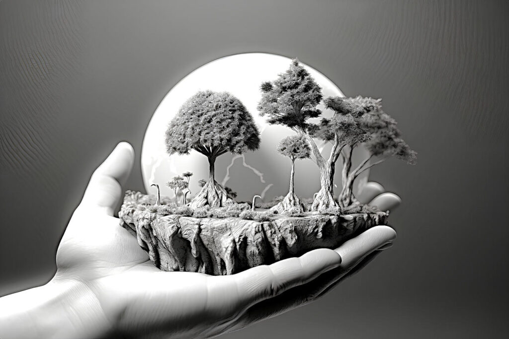 a hand holding a small island with trees and a full moon