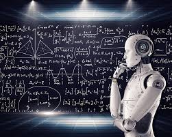 a robot standing in front of a blackboard with math formulas